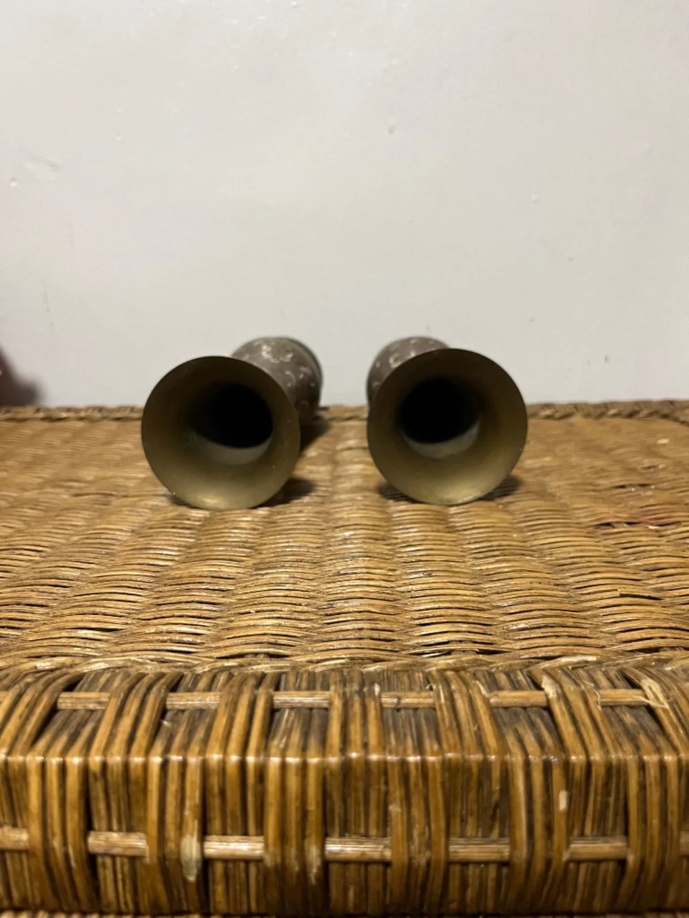 Vintage Pair of Colored Etched Brass Vases Made In India 1970s